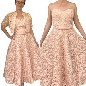 50s Lace Strapless Dress Full Vintage Formal S